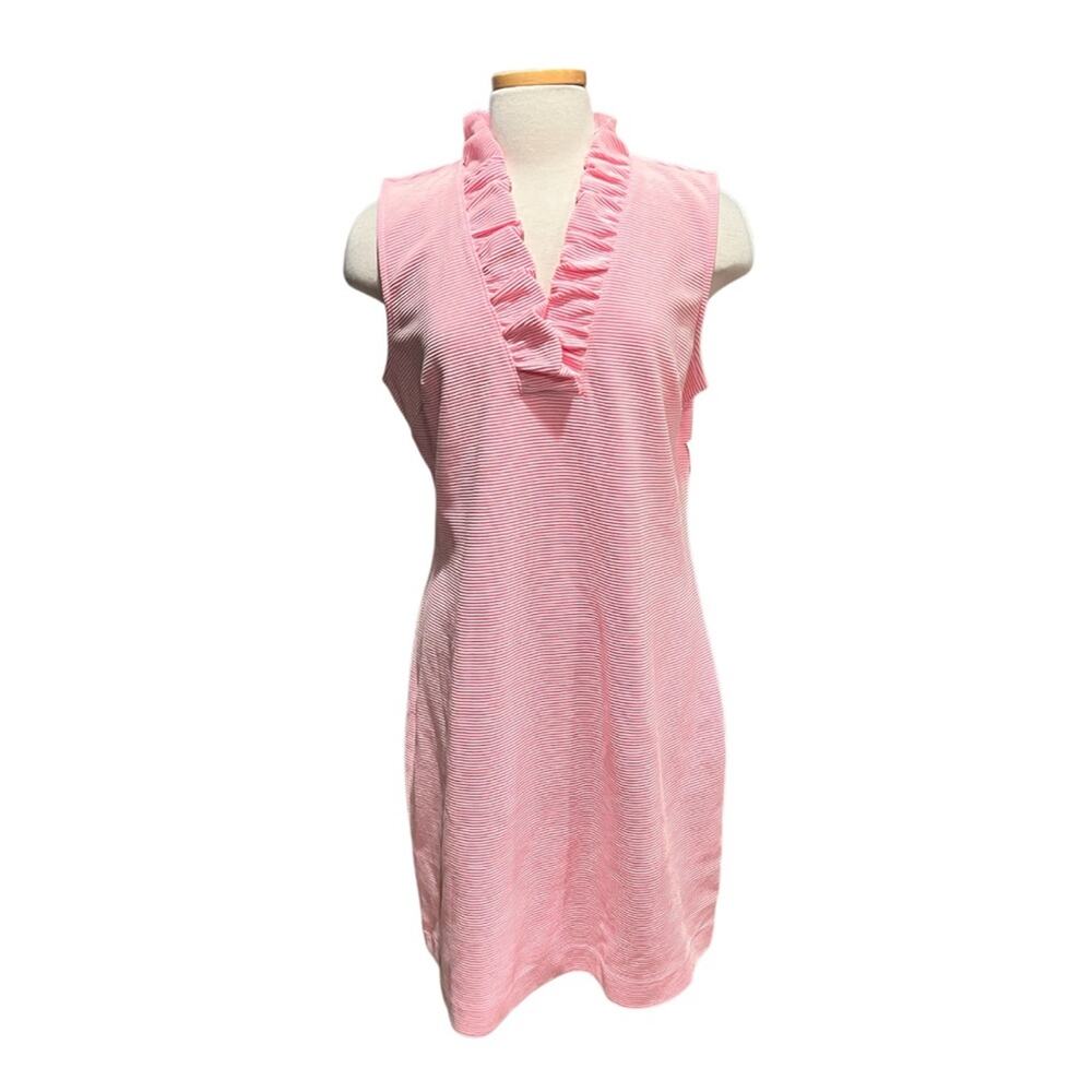 Talbots Plus Shift Dress Pink White Stripe Ruffle V Neck
Sleeveless Size 16 NWT - Picture 2 of 8